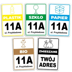 Naklejki na kosze do segregacji śmieci z adresem 5 sztuk
