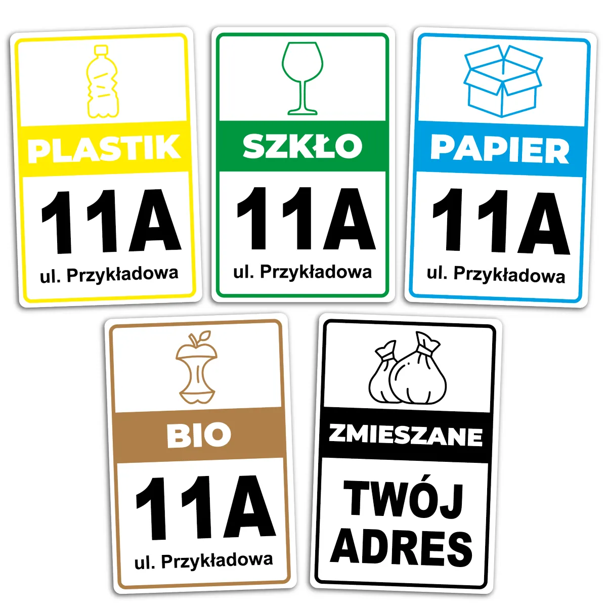 Naklejki na kosze do segregacji śmieci z adresem 5 sztuk